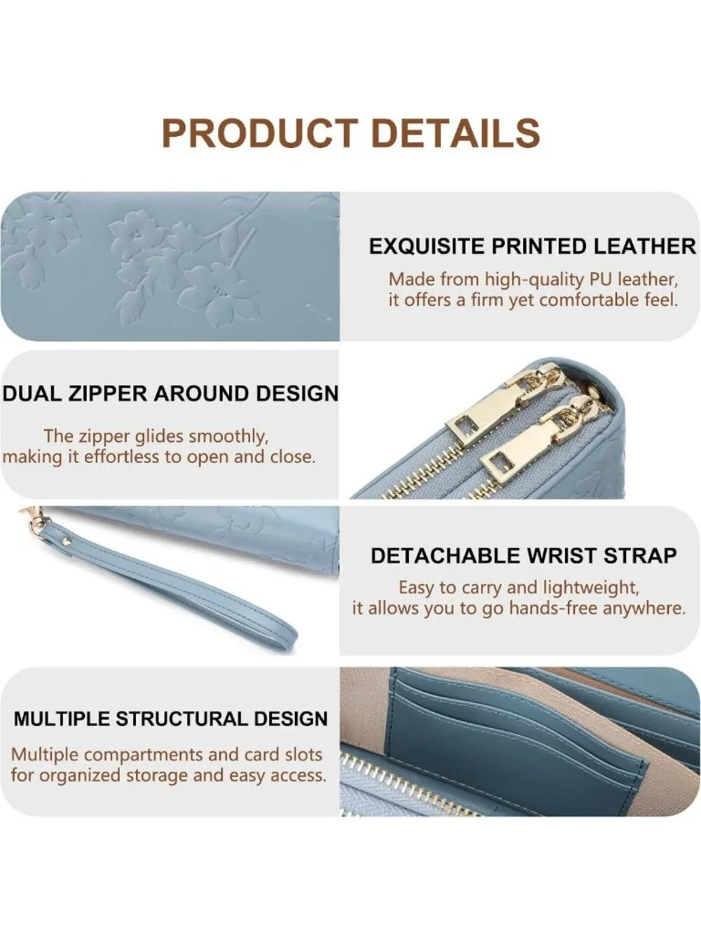 Vegan Leather RFID Blocking Large Capacity Double Zip Wristlet Wallet for Women